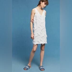 Maeve Anthropologie Boho White Fringe Sleeveless Cotton Shift Dress Size 8